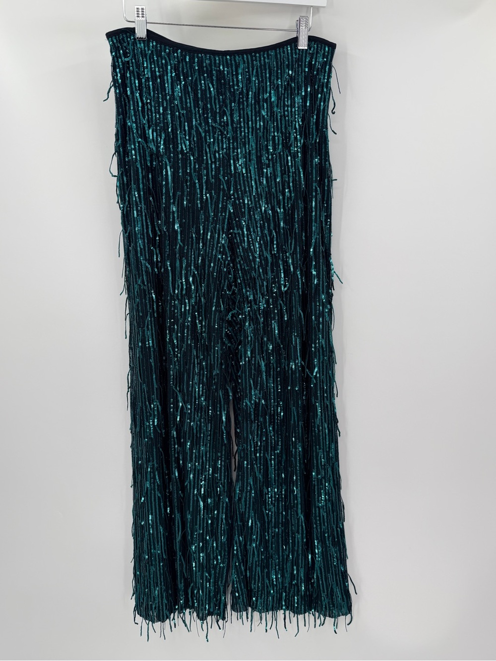 Anthropologie Maeve Fringed Sequin Wide Leg Pants Green 10 Holiday Party - Picture 2 of 5